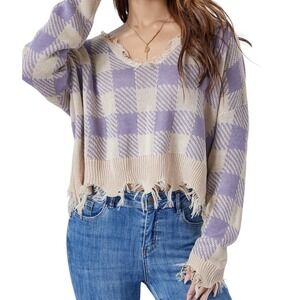 Just Polly Sweater‎ Shirt Top Women's Medium Plaid Long Sleeve Pullover Cropped